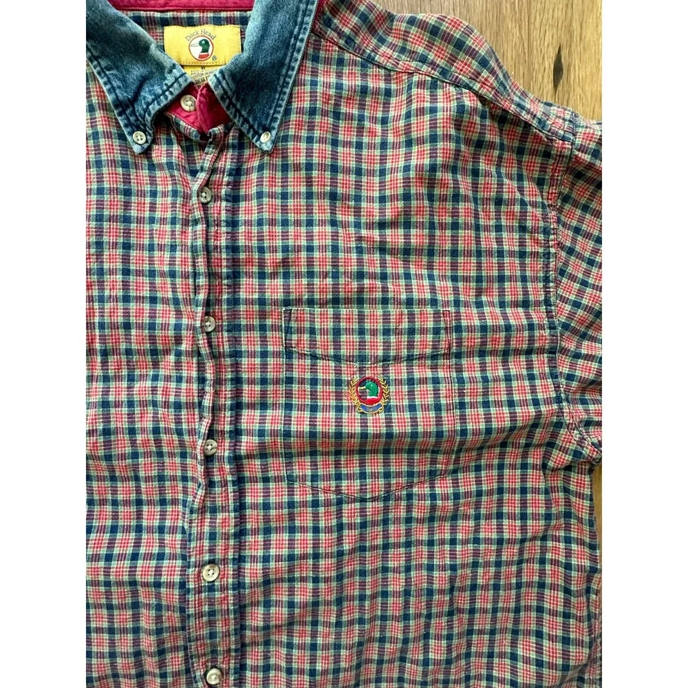 Y2K 90's Vintage Duck Head Denim Collar Madras Plaid Button Up Shirt Men's Large